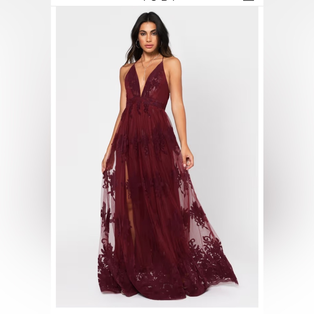 Burgundy floral mesh maxi dress